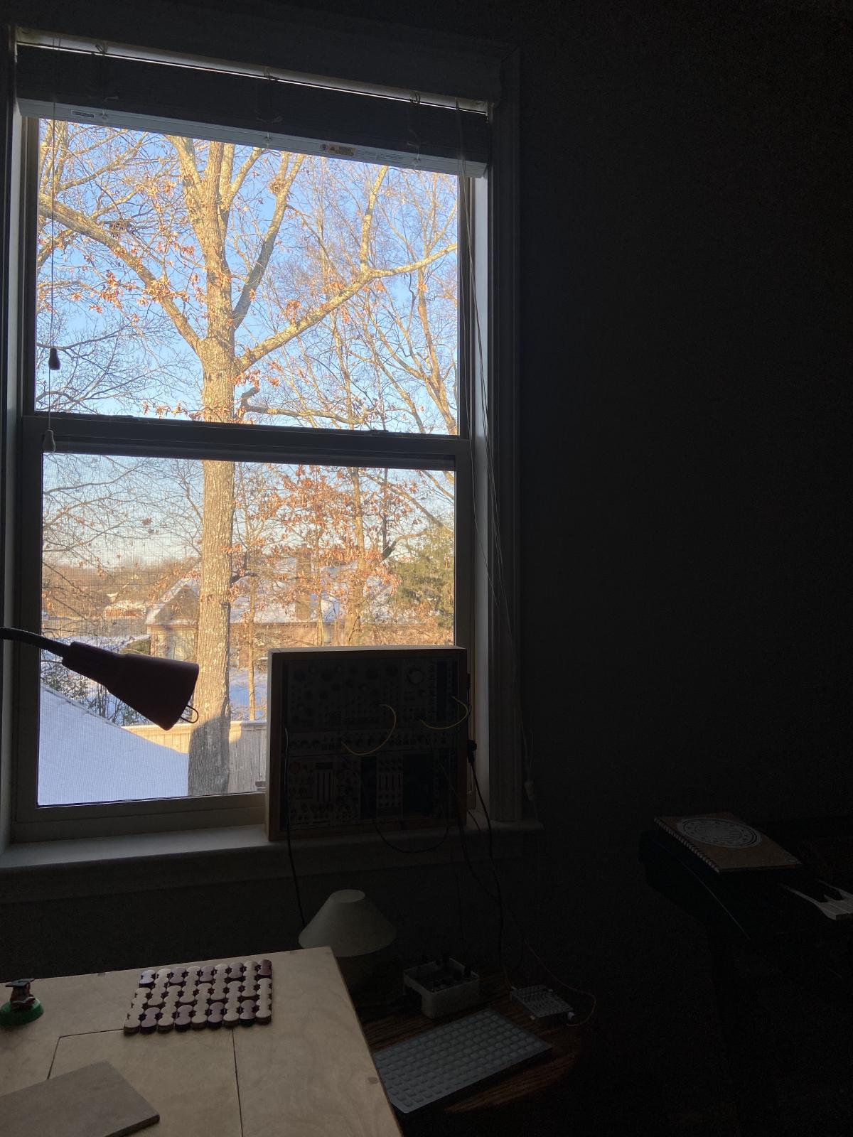 bedroom window in the morning tree and snow covered rooftop